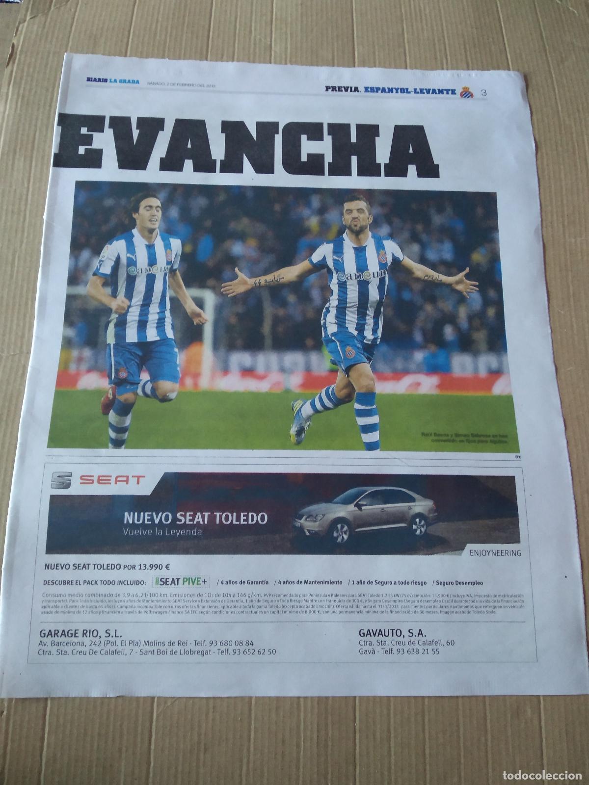 Coleccionismo deportivo: HOJA PERIODICO DIARIO LA GRADA BAENA SIMAO ESPANYOL PUBLICIDAD SEAT VS LEVANTE MARTINS