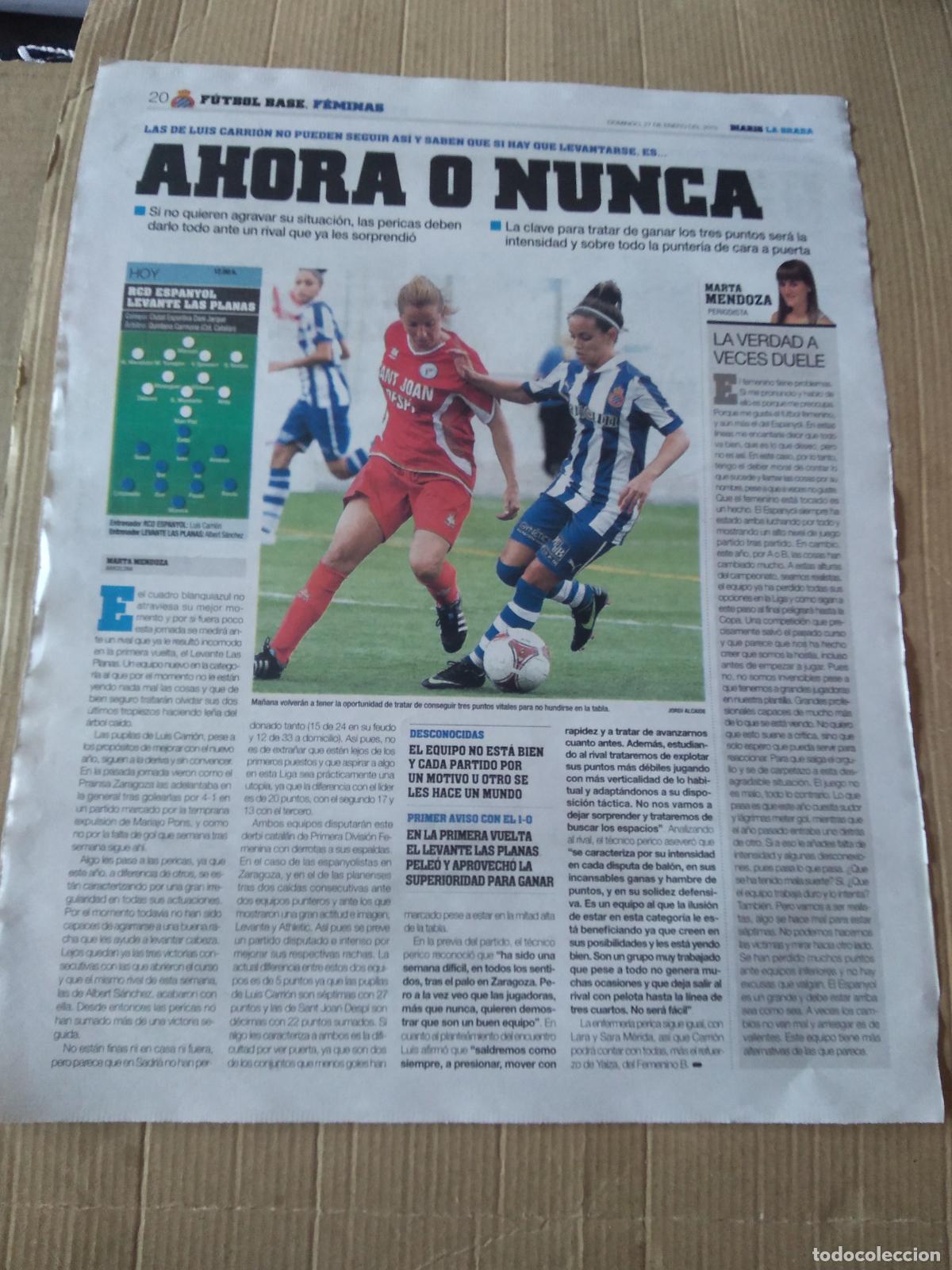 Coleccionismo deportivo: HOJA PERIODICO DIARIO LA GRADA ESPANYOL FEMENINO VS LEVANTE LAS PLANAS JUVENIL ESPANYOL TOYOTA