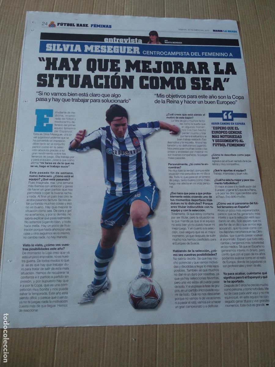 Coleccionismo deportivo: HOJA PERIODICO DIARIO LA GRADA ENTREVISTA SILVIA MESEGUER ESPANYOL FEMENINO JUVENIL B TOYOTA