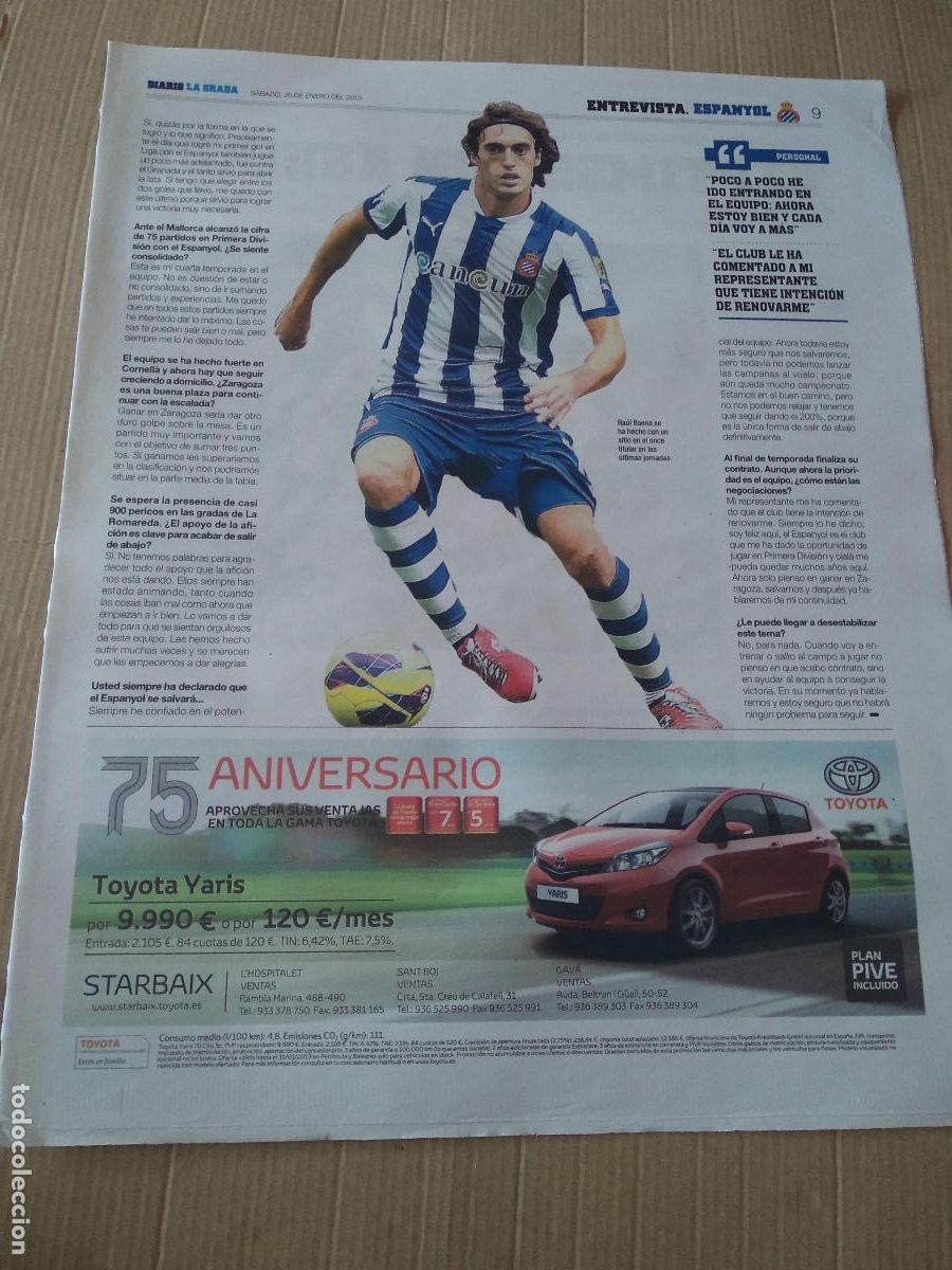 Coleccionismo deportivo: HOJA PERIODICO DIARIO LA GRADA RAUL BAENA ESPANYOL PUBLICIDAD TOYOTA EQUIPO PLANTILLA