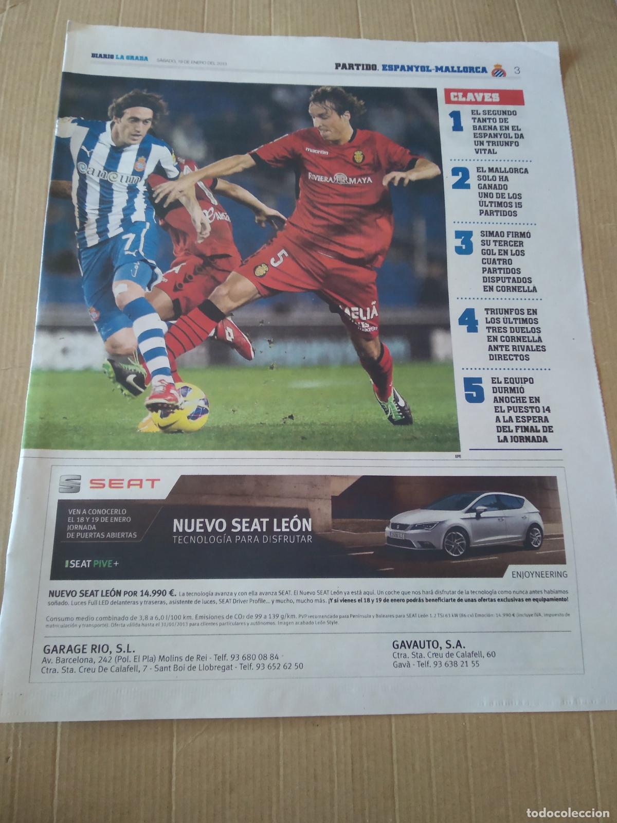 Coleccionismo deportivo: HOJA PERIODICO DIARIO LA GRADA BAENA ESPANYOL PINA MALLORCA PUBLICIDAD SEAT VERDU CRISTIAN ALVAREZ