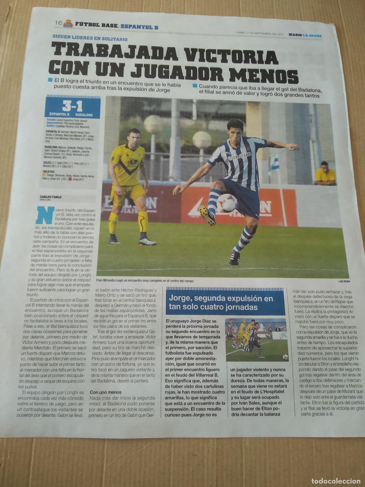 Coleccionismo deportivo: HOJA PERIODICO DIARIO LA GRADA FRAN MIRANDA ESPANYOL EQUIPO PLANTILLA RENAULT PUBLICIDAD