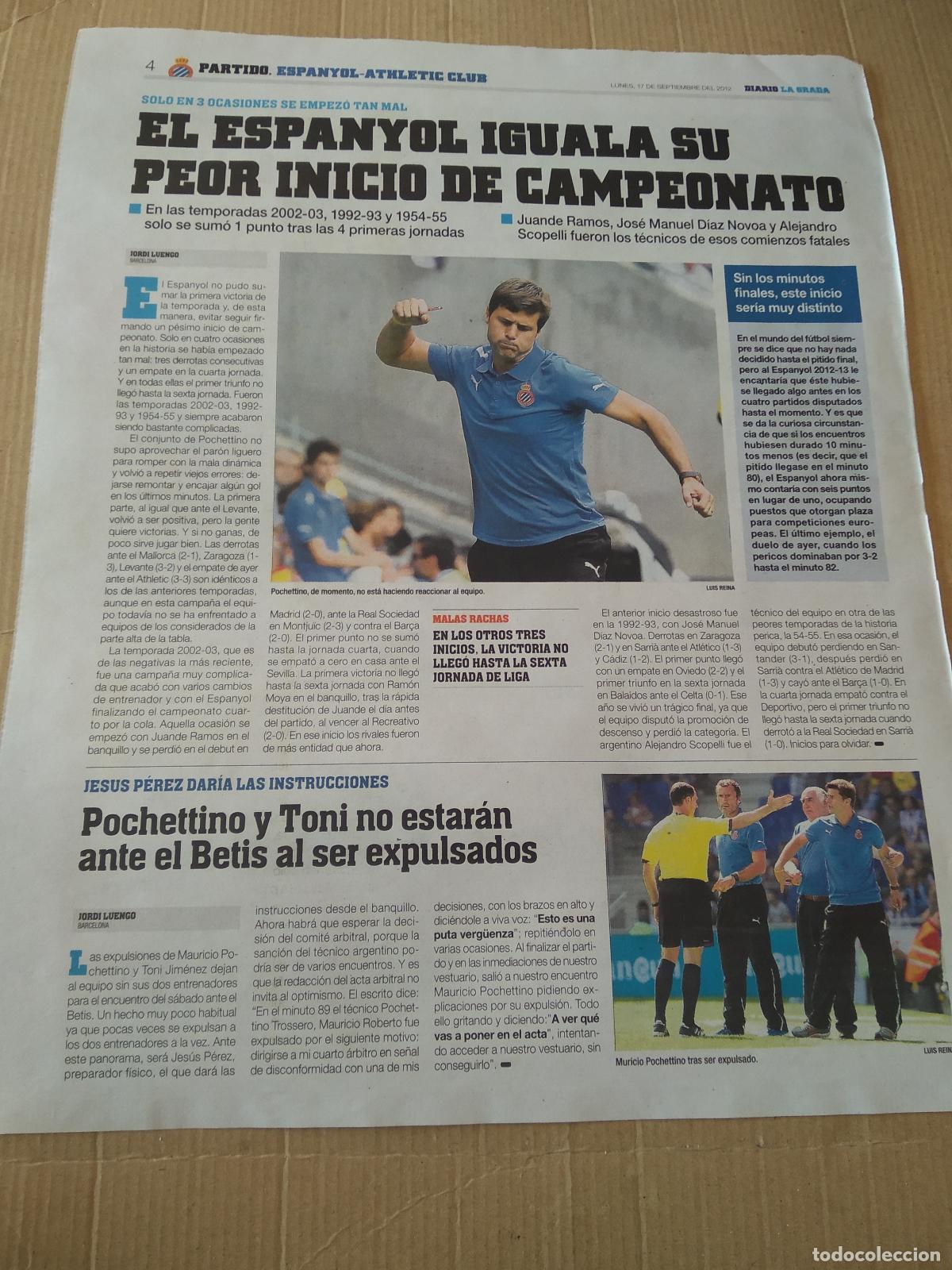 Coleccionismo deportivo: HOJA PERIODICO DIARIO LA GRADA POCHETTINO ESPANYOL WAKASO SUSAETA ATHLETIC CLUB BILBAO