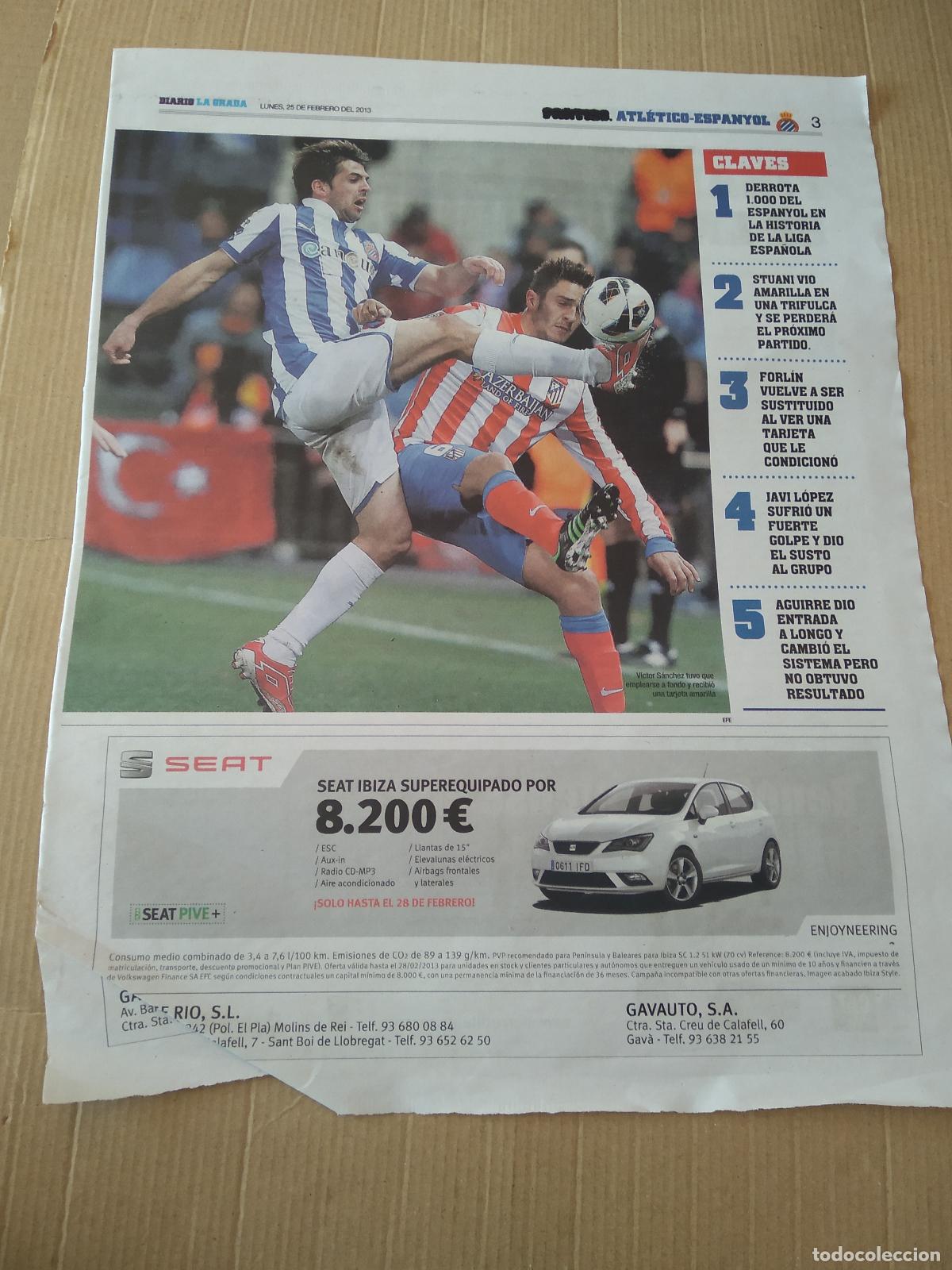 Coleccionismo deportivo: HOJA PERIODICO DIARIO LA GRADA VICTOR SANCHEZ ESPANYOL VS KOKE ATLETICO DE MADRID SEAT PUBLICIDAD