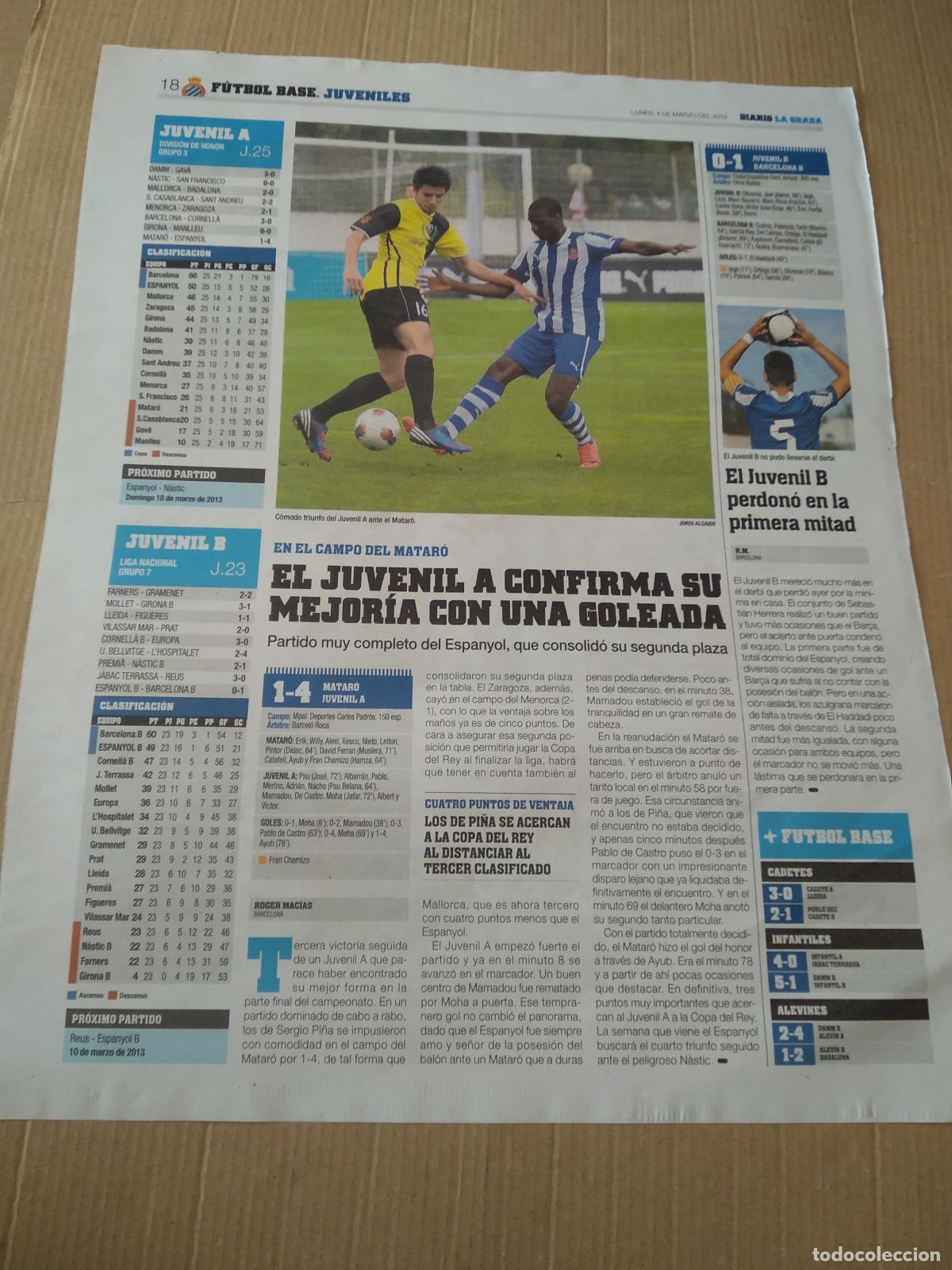 Coleccionismo deportivo: HOJA PERIODICO DIARIO LA GRADA JUVENIL A ESPANYOL MANOLO MARQUEZ PUBLICIDAD TOYOTA