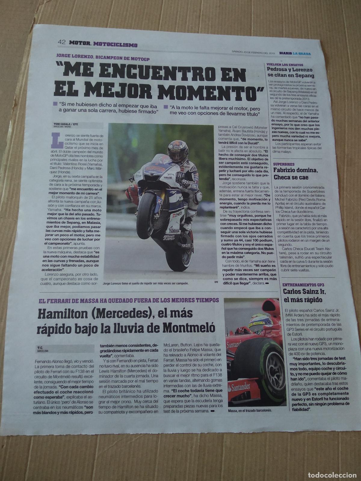 Sammelleidenschaft Sport: HOJA PERIODICO DIARIO LA GRADA JORGE LORENZO MOTO GP CASTELLDEFELS