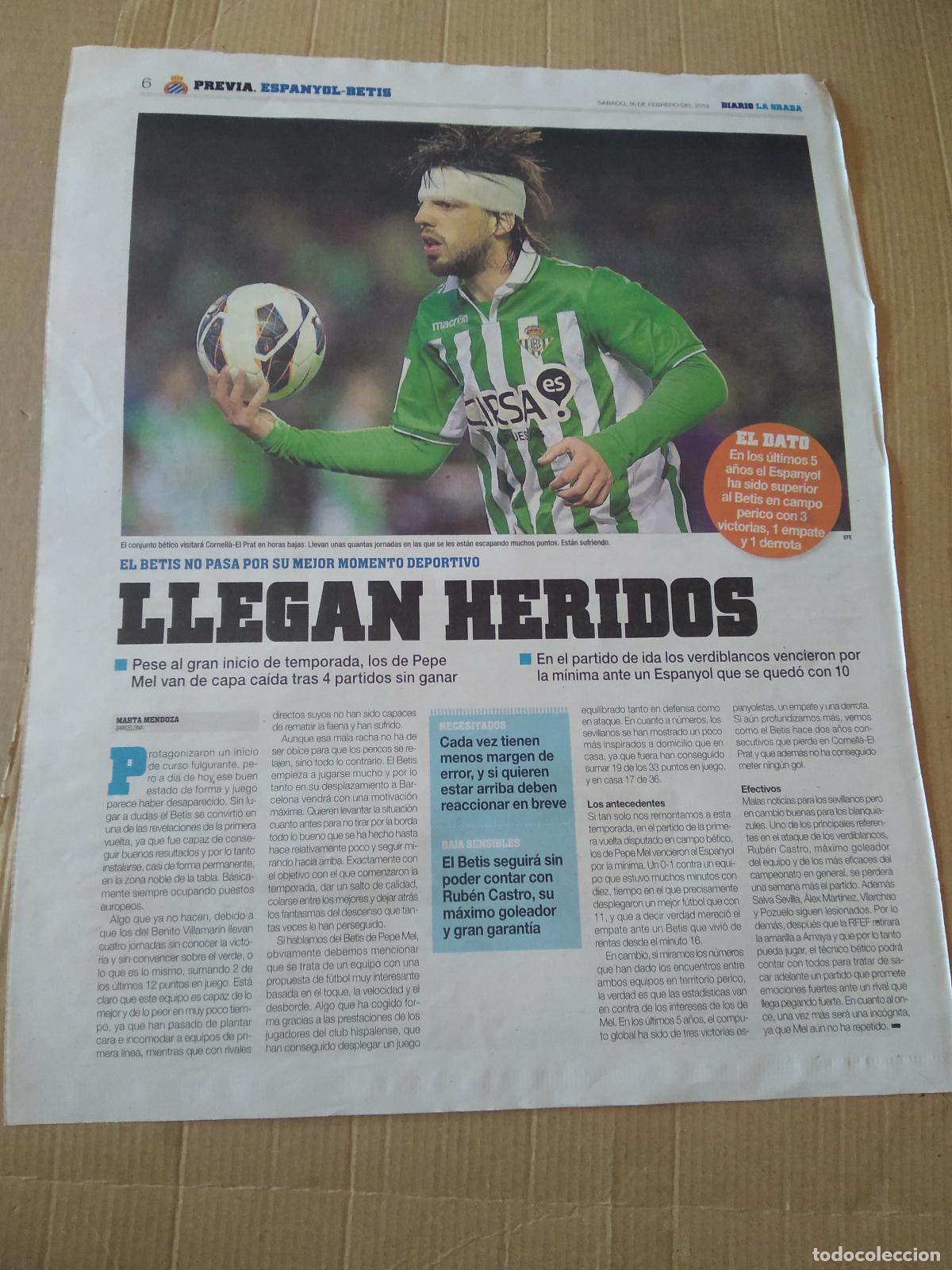 Coleccionismo deportivo: HOJA PERIODICO DIARIO LA GRADA BE&Ntilde;AT BETIS WAKASO CAPDEVILA ESPANYOL SEAT PUBLICIDAD