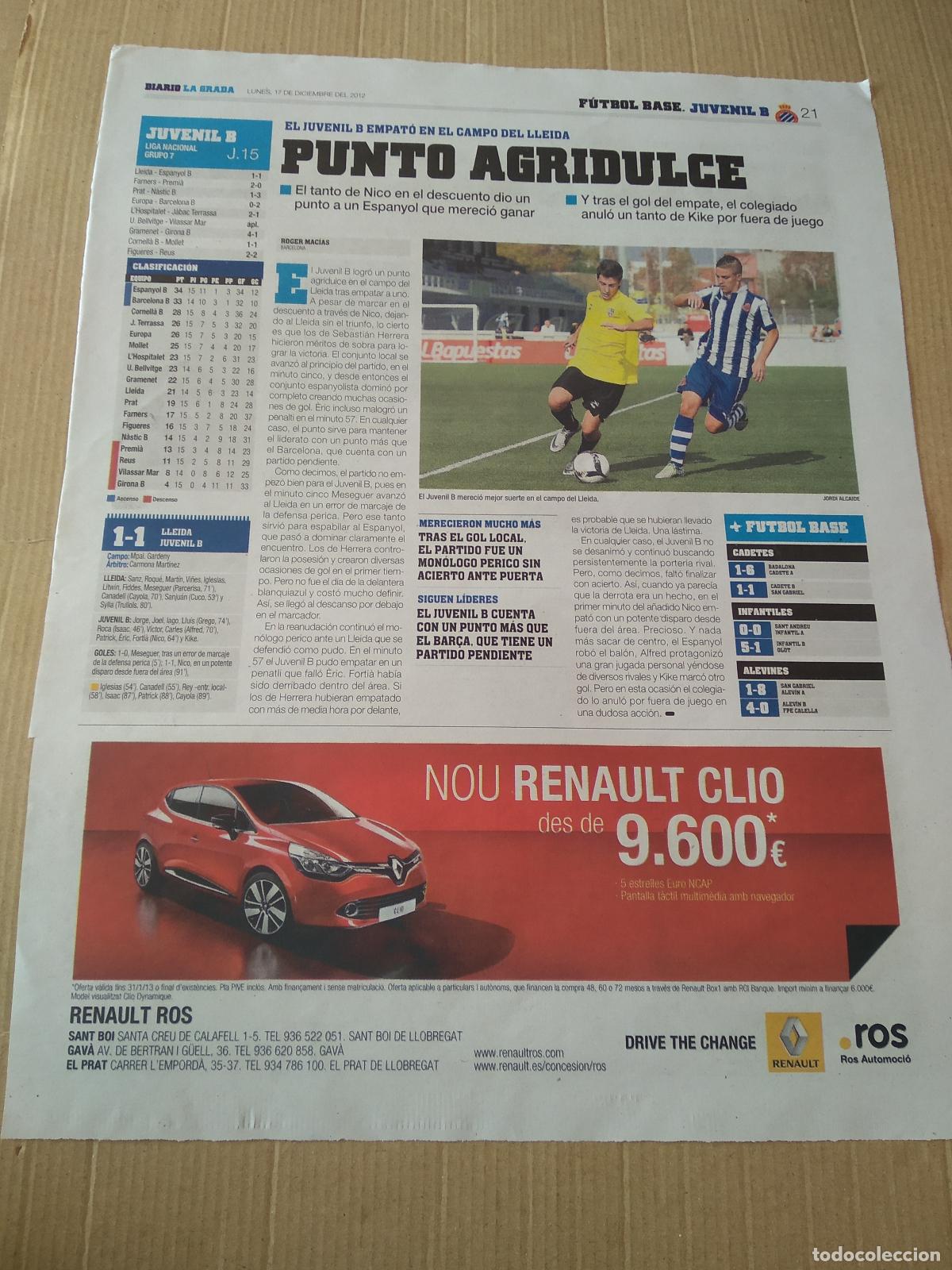 Coleccionismo deportivo: HOJA PERIODICO DIARIO LA GRADA JUVENIL B PUBLICIDAD RENAULT SANDRA VILANOVA ESPANYOL FEMENINO