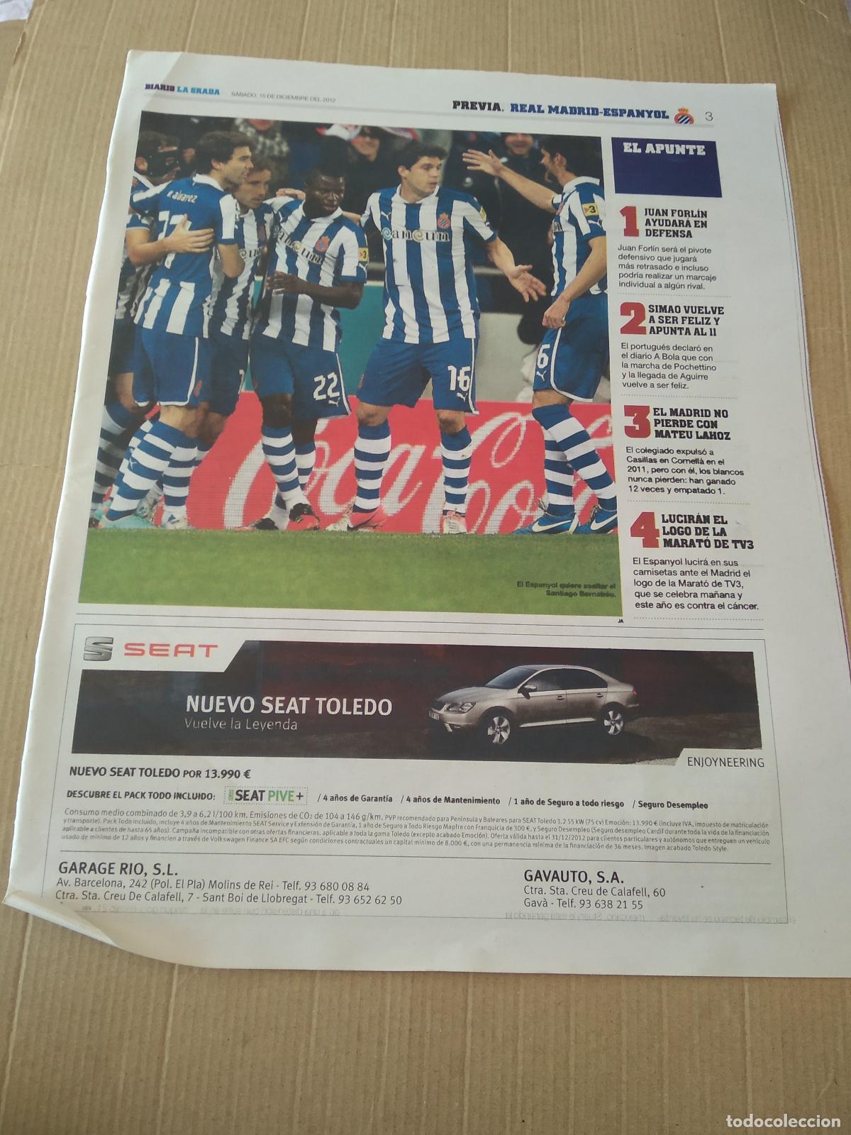 Coleccionismo deportivo: HOJA PERIODICO DIARIO LA GRADA EQUIPO PLANTILLA ESPANYOL PUBLICIDAD SEAT VS CRISTIANO RONALDO MADRID