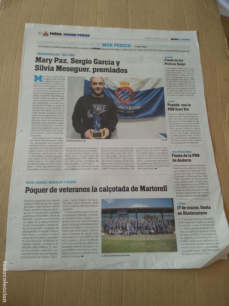 Coleccionismo deportivo: HOJA PERIODICO DIARIO LA GRADA SERGIO GARCIA ESPANYOL FEMENINO VETERANOS CAL&Ccedil;OTADA ABC RADIO