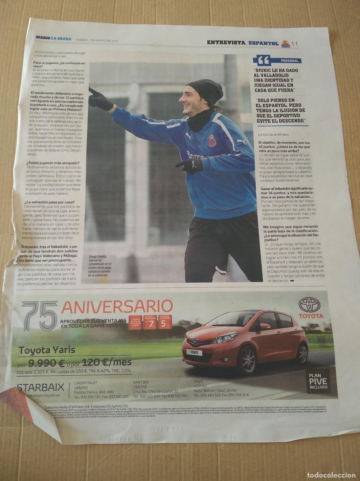 Coleccionismo deportivo: HOJA PERIODICO DIARIO LA GRADA COLOTTO ESPANYOL TOYOTA PUBLICIDAD CAPDEVILA VS BETIS