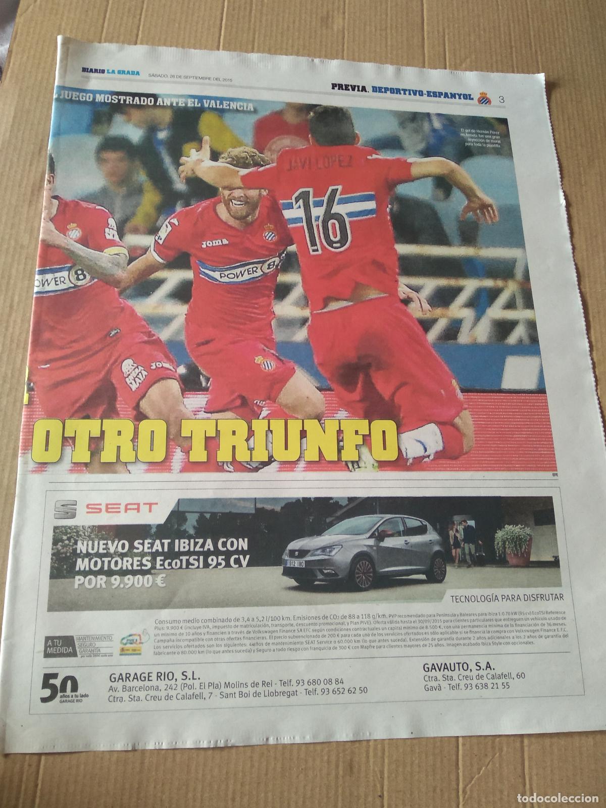 Coleccionismo deportivo: HOJA PERIODICO DIARIO LA GRADA JAVI LOPEZ ESPANYOL VS DEPORTIVO CORU&Ntilde;A LUCAS PEREZ SEAT PUBLICIDAD