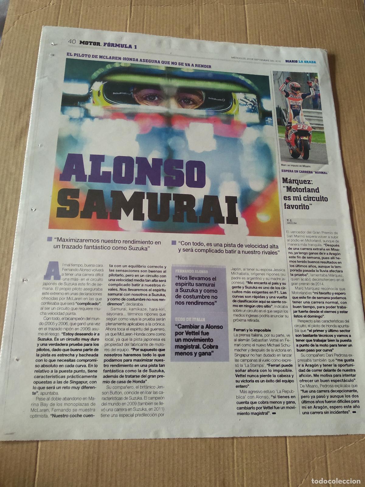 Coleccionismo deportivo: HOJA PERIODICO DIARIO LA GRADA ALONSO FORMULA 1 F1 MARC MARQUEZ COFIDIS PUBLICIDAD