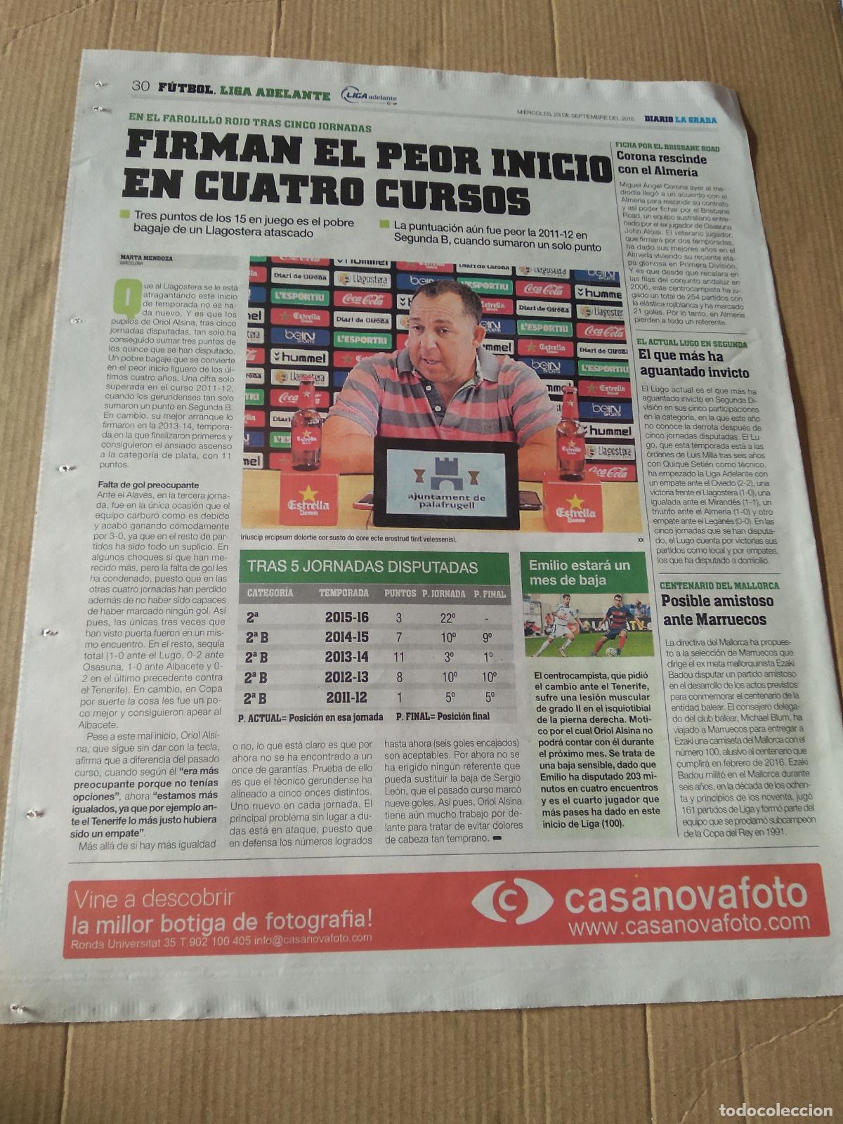 Coleccionismo deportivo: HOJA PERIODICO DIARIO LA GRADA ORIOL ALSINA LLAGOSTERA PUBLICIDAD TOYOTA