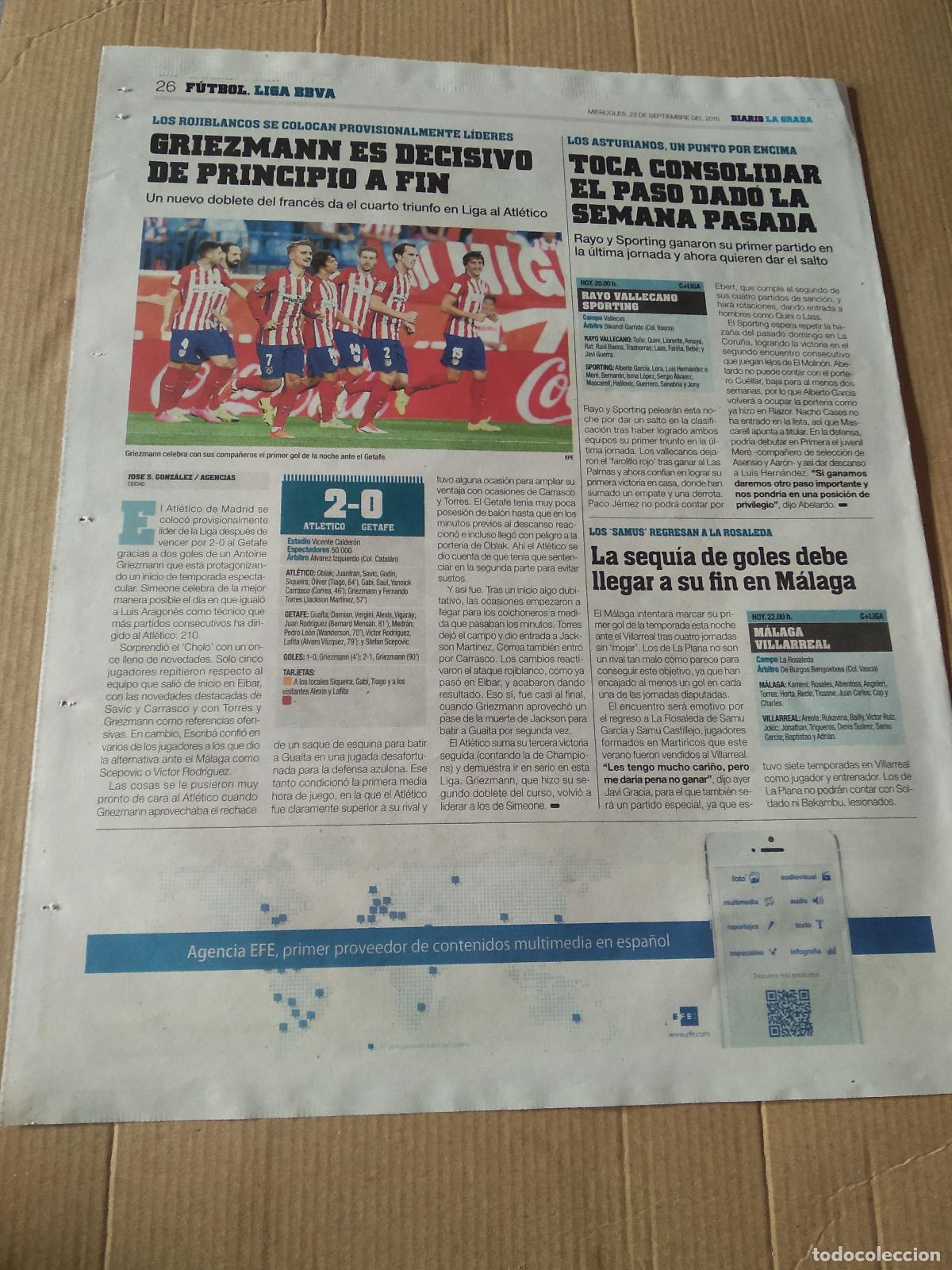 Coleccionismo deportivo: HOJA PERIODICO DIARIO LA GRADA GRIEZANN GODIN ATLETICO DE MADRID PUBLICIDAD FIAT