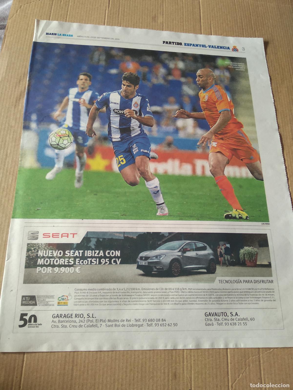 Coleccionismo deportivo: HOJA PERIODICO DIARIO LA GRADA ASENSIO ESPANYOL VS ABDENNOUR VALENCIA SEAT PUBLICIDAD PAU LOPEZ