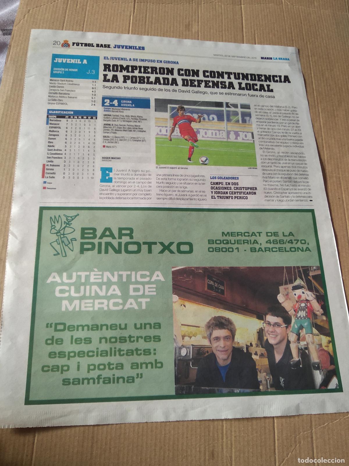 Coleccionismo deportivo: HOJA PERIODICO DIARIO LA GRADA JUVENIL A ESPANYOL BAR PINOTXO PUBLICIDAD TOYOTA