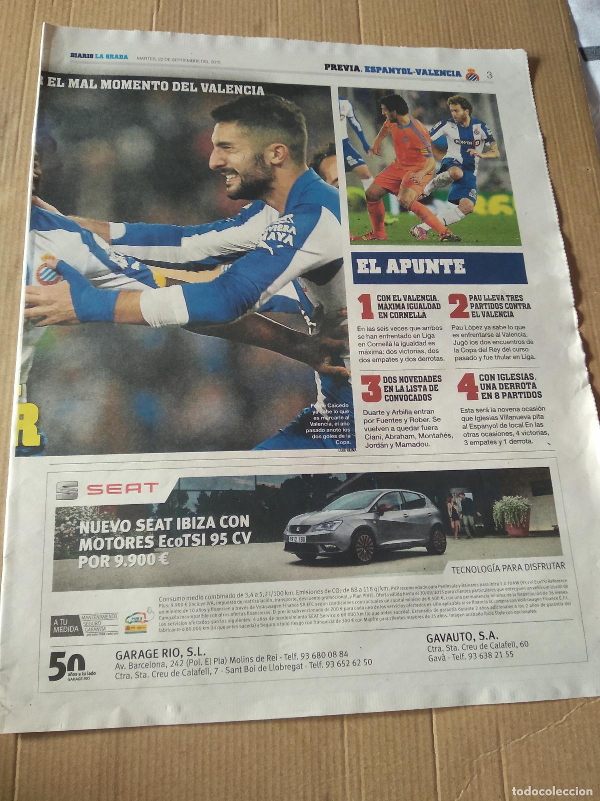 Coleccionismo deportivo: HOJA PERIODICO DIARIO LA GRADA ALVARO GONZALEZ ESPANYOL CA&Ntilde;AS PAREJO VALENCIA SEAT PUBLICIDAD