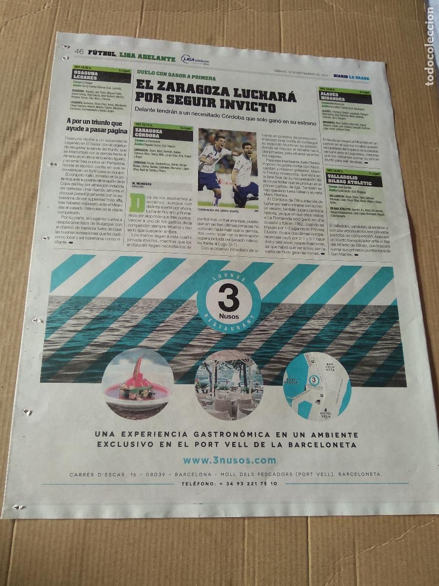 Coleccionismo deportivo: HOJA PERIODICO DIARIO LA GRADA ZARAGOZA 3 NUSOS RESTAURANTE PUBLICIDAD SEAT