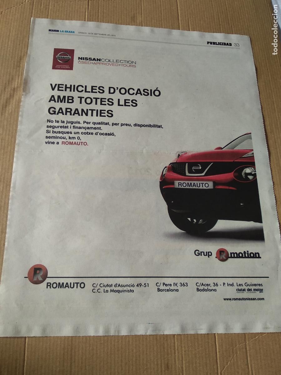 Coleccionismo deportivo: HOJA PERIODICO DIARIO LA GRADA PUBLICIDAD NISSAN LA FOTO DEL VERANO 2015