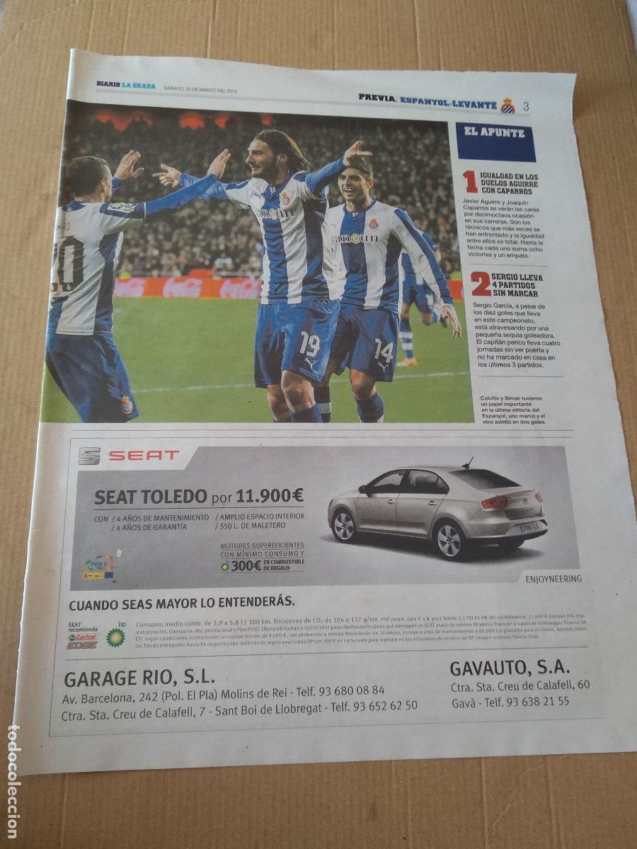 Coleccionismo deportivo: HOJA PERIODICO DIARIO LA GRADA COLOTTO DAVID LOPEZ SIMAO ESPANYOL VS BARRAL LEVANTE SEAT PUBLICIDAD