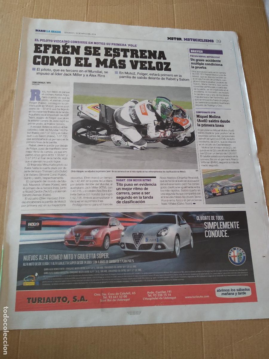 Coleccionismo deportivo: HOJA PERIODICO DIARIO LA GRADA EFREN VAZQUEZ PUBLICIDAD ALFA ROMEO NISSAN