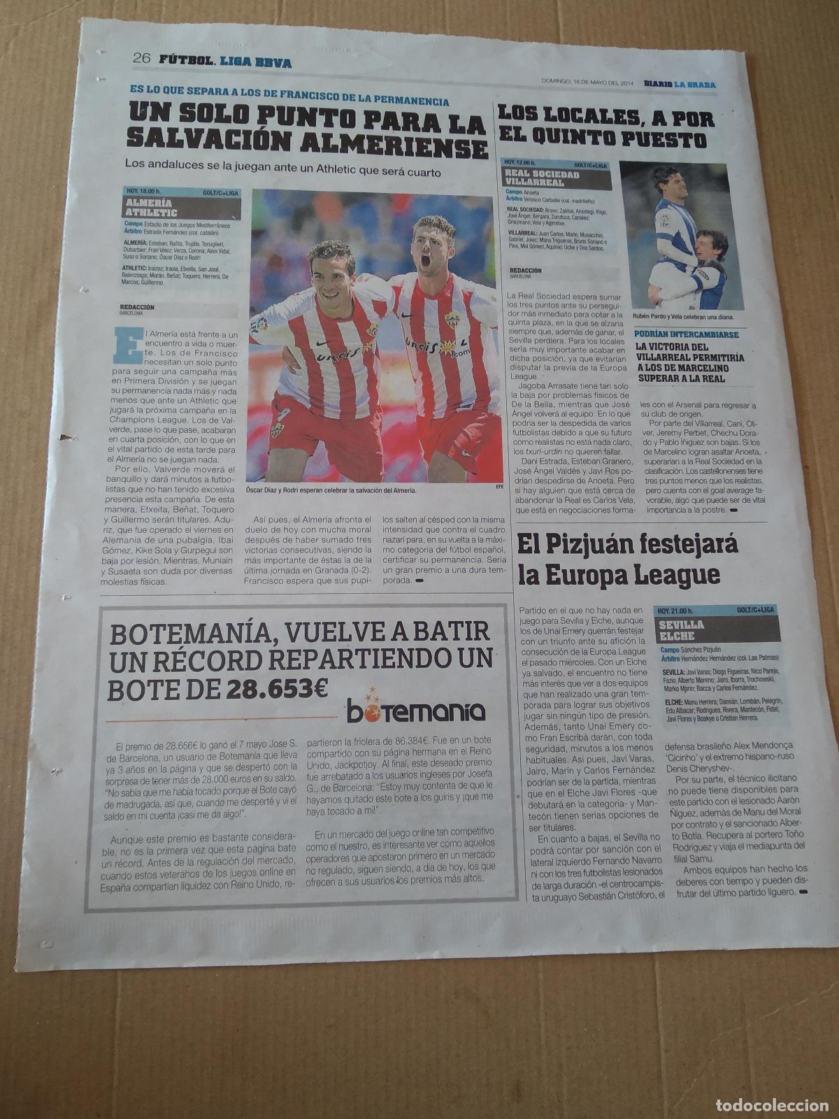 Coleccionismo deportivo: HOJA PERIODICO DIARIO LA GRADA OSCAR DIAZ RODRI ALMERIA RUBEN PARDO VELA ACU&Ntilde;A LACEN TOYOTA