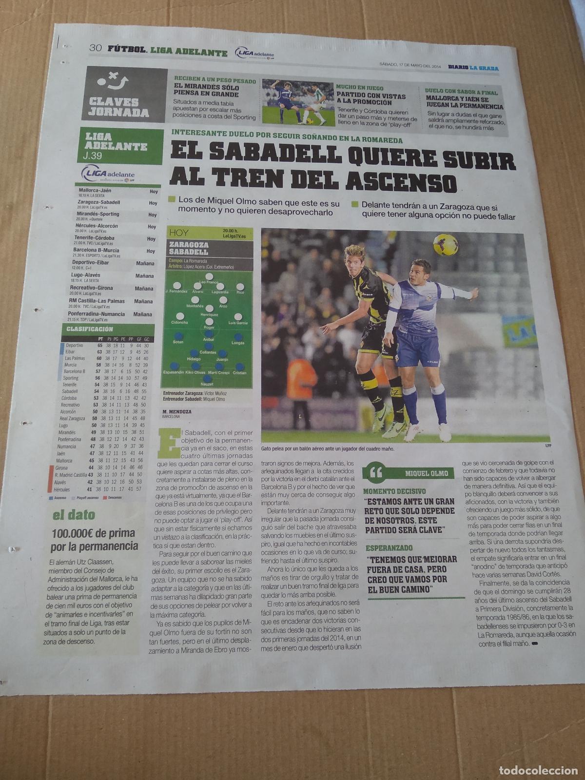 Coleccionismo deportivo: HOJA PERIODICO DIARIO LA GRADA GATO SABADELL VS ZARAGOZA JONAS PIZZI NISSAN PUBLICIDAD