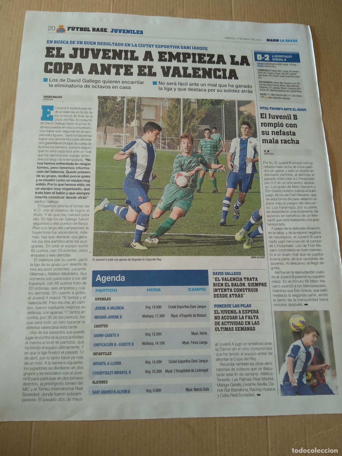 Collezionismo sportivo: HOJA PERIODICO DIARIO LA GRADA JUVENIL A ESPANYOL VS CORNELLA EQUIPO PLANTILLA FILIAL