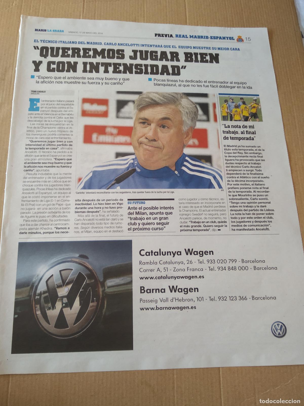 Coleccionismo deportivo: HOJA PERIODICO DIARIO LA GRADA ANCELOTTI REAL MADRID VOLKSWAGEN PUBLICIDAD EQUIPO PLANTILLA ESPANYOL