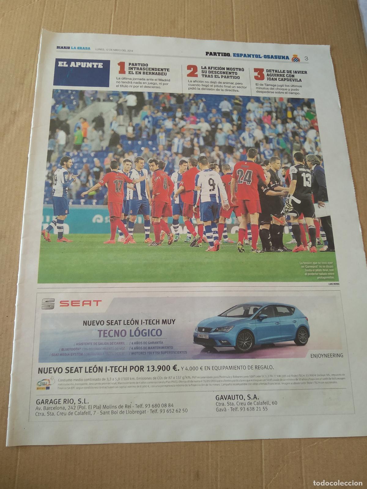 Coleccionismo deportivo: HOJA PERIODICO DIARIO LA GRADA EQUIPO PLANTILLA ESPANYOL CAPDEVILA VS OSASUNA SEAT PUBLICIDAD