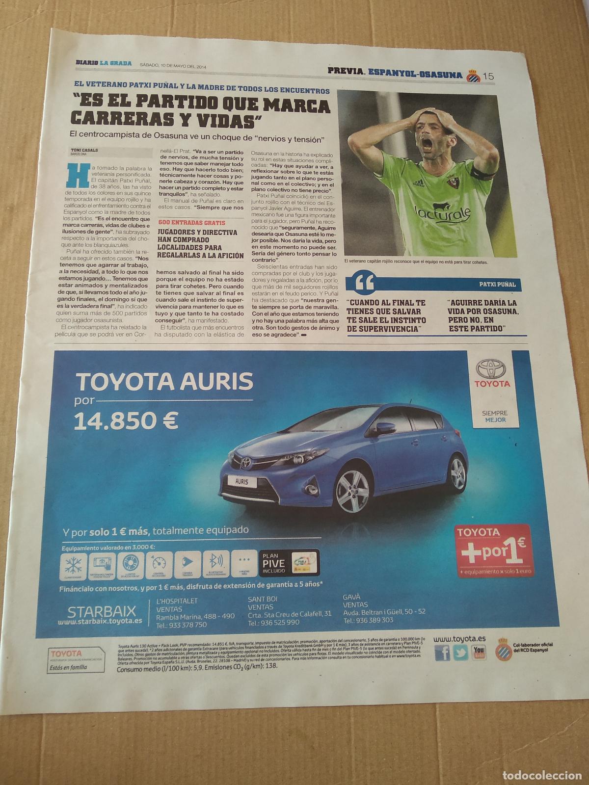 Coleccionismo deportivo: HOJA PERIODICO DIARIO LA GRADA PU&Ntilde;AL OSASUNA PUBLICIDAD TOYOTA AURIS APRENDER INGLES