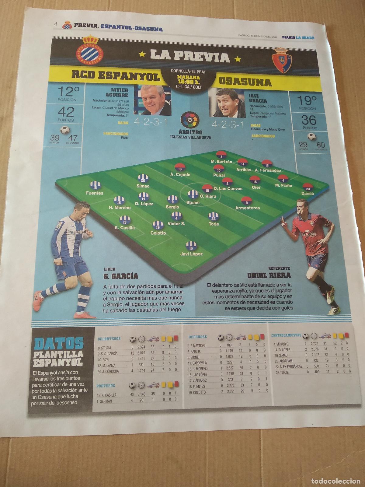 Coleccionismo deportivo: HOJA PERIODICO DIARIO LA GRADA ESPANYOL SERGIO GARCIA VS ORIOL RIERA OSASUNA VICTOR SANCHEZ SEAT