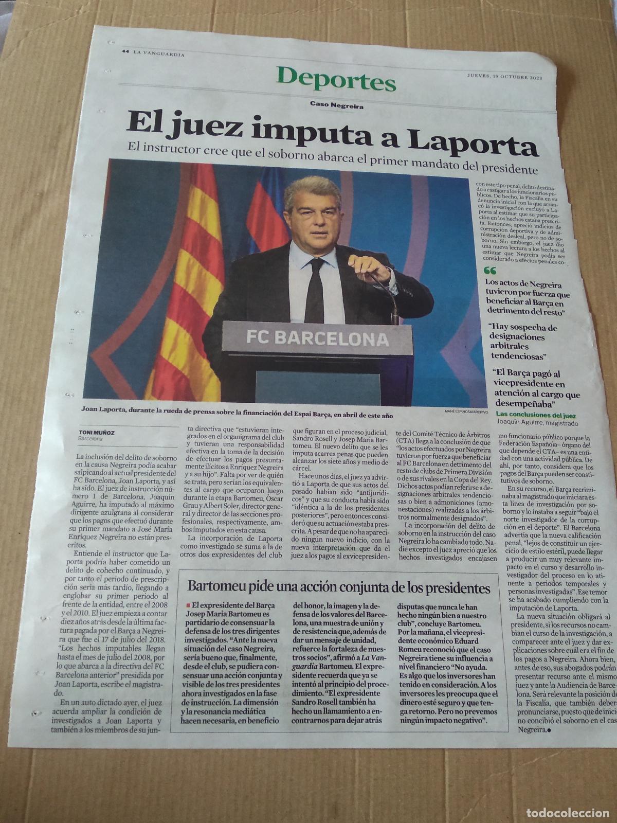 Coleccionismo deportivo: HOJA PERIODICO DIARIO LA VANGUARDIA JOAN LAPORTA BARCELONA BAR&Ccedil;A PUBLICIDAD ZURICH RAPHAEL PICHON