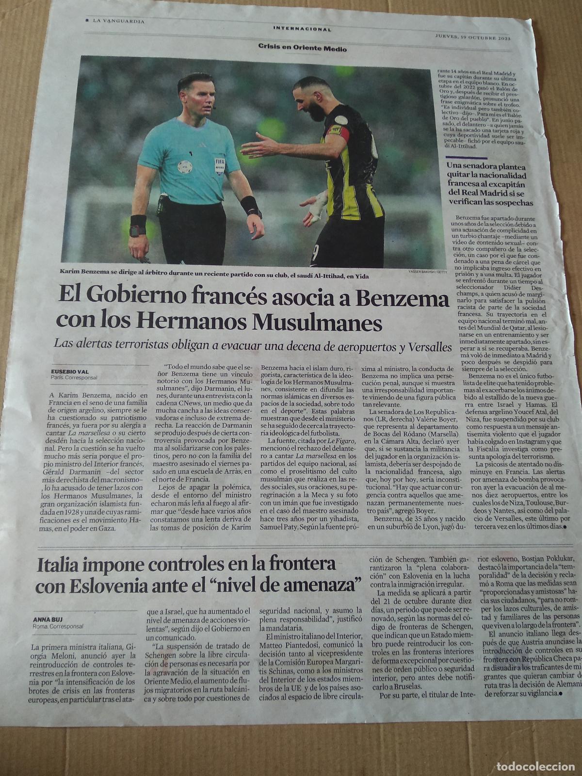 Coleccionismo deportivo: HOJA PERIODICO DIARIO LA VANGUARDIA KARIM BENZEMA EGIPTO MANIFESTANTES ISRAEL NUEVA YORK