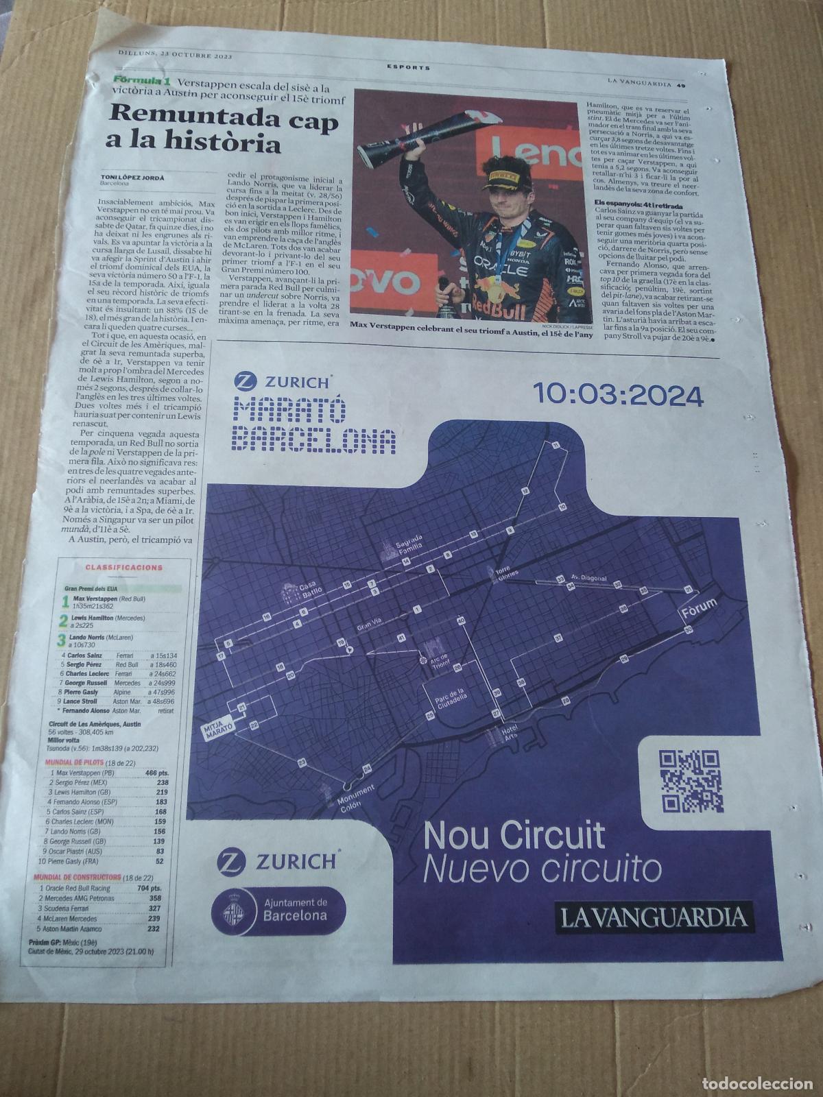 Coleccionismo deportivo: HOJA PERIODICO DIARIO LA VANGUARDIA MAX VERSTAPPEN FORMULA 1 F1 PUBLICIDAD ZURICH BEN SHELTON TENIS