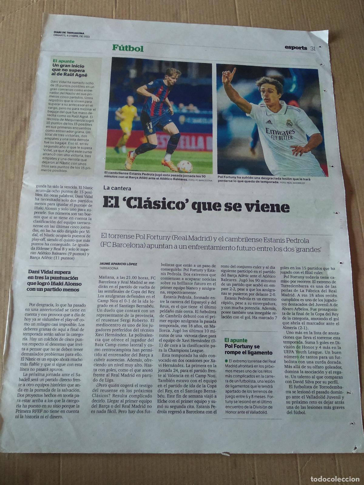 Coleccionismo deportivo: HOJA PERIODICO DIARI MES ESTANIS PEDROLA BAR&Ccedil;A ATLETIC BARCELONA POL FORTUNY REAL MADRID RIUDOMS