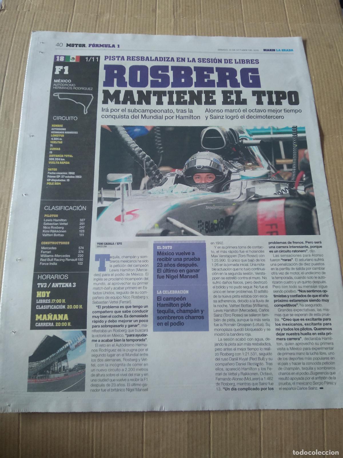 Coleccionismo deportivo: HOJA PERIODICO DIARIO LA GRADA ROSBERG FORMULA 1 F1 PRAT VS ASCO LOUNGE 3 NUSOS RESTAURANTE