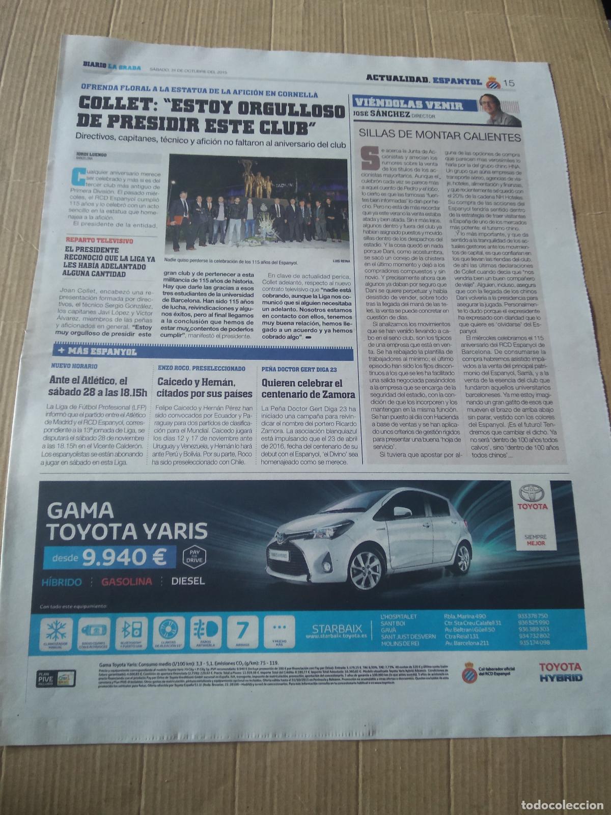 Coleccionismo deportivo: HOJA PERIODICO DIARIO LA GRADA 115 A&Ntilde;OS DEL ESPANYOL PUBLICIDAD TOYOTA ALVARO GONZALEZ RODRIGO