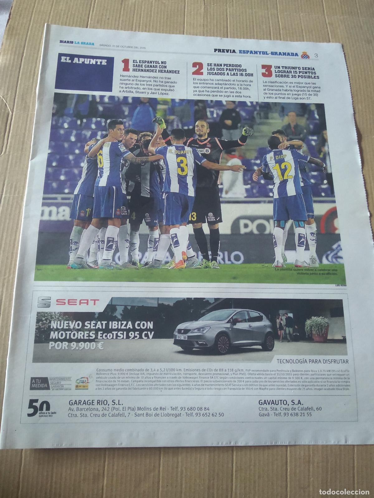 Coleccionismo deportivo: HOJA PERIODICO DIARIO LA GRADA EQUIPO PLANTILLA ESPANYOL PUBLICIDAD SEAT DIOP VS EL ARABI GRANADA