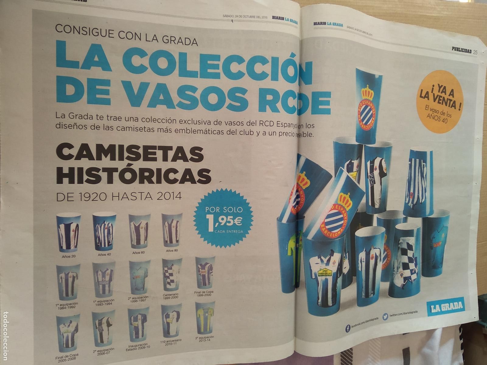 Coleccionismo deportivo: HOJA PERIODICO DIARIO LA GRADA COLECCION DE VASOS DEL RCDE ESPANYOL CUELLAR SETIEN ATLETICO TOYOTA