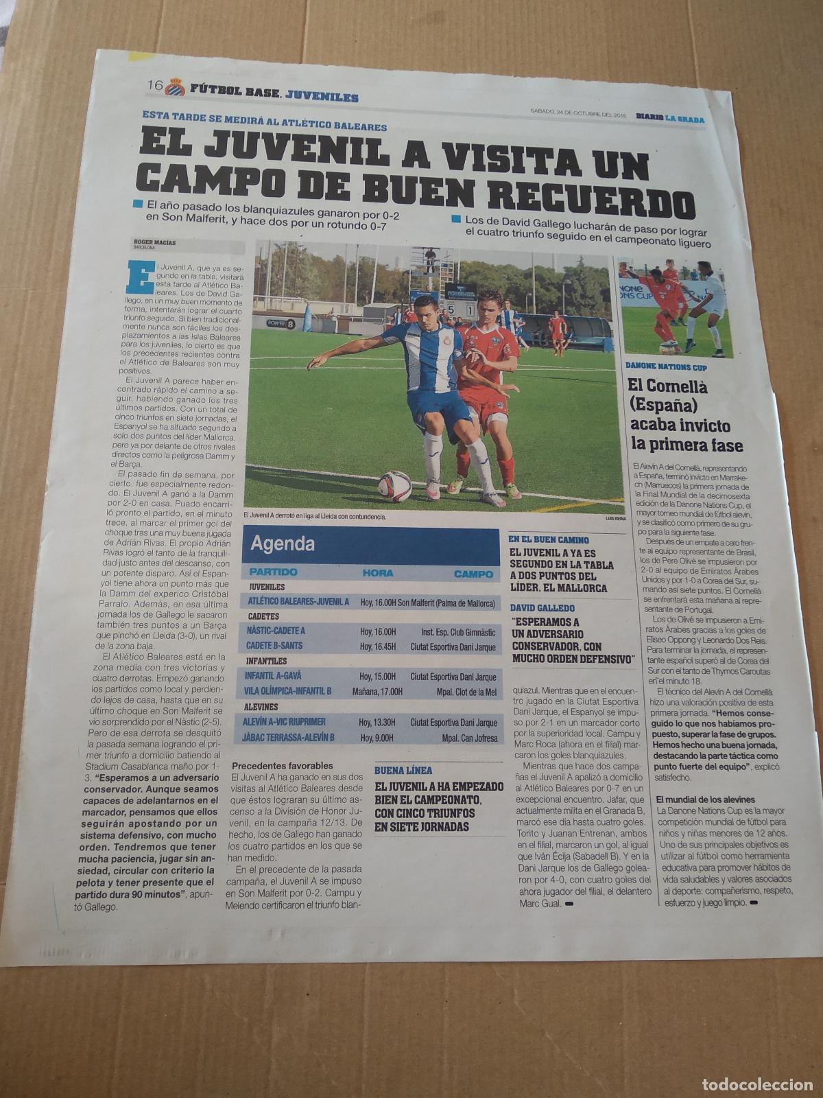 Coleccionismo deportivo: HOJA PERIODICO DIARIO LA GRADA JUVENIL A ESPANYOL VS LLEIDA PUBLICIDAD NISSAN