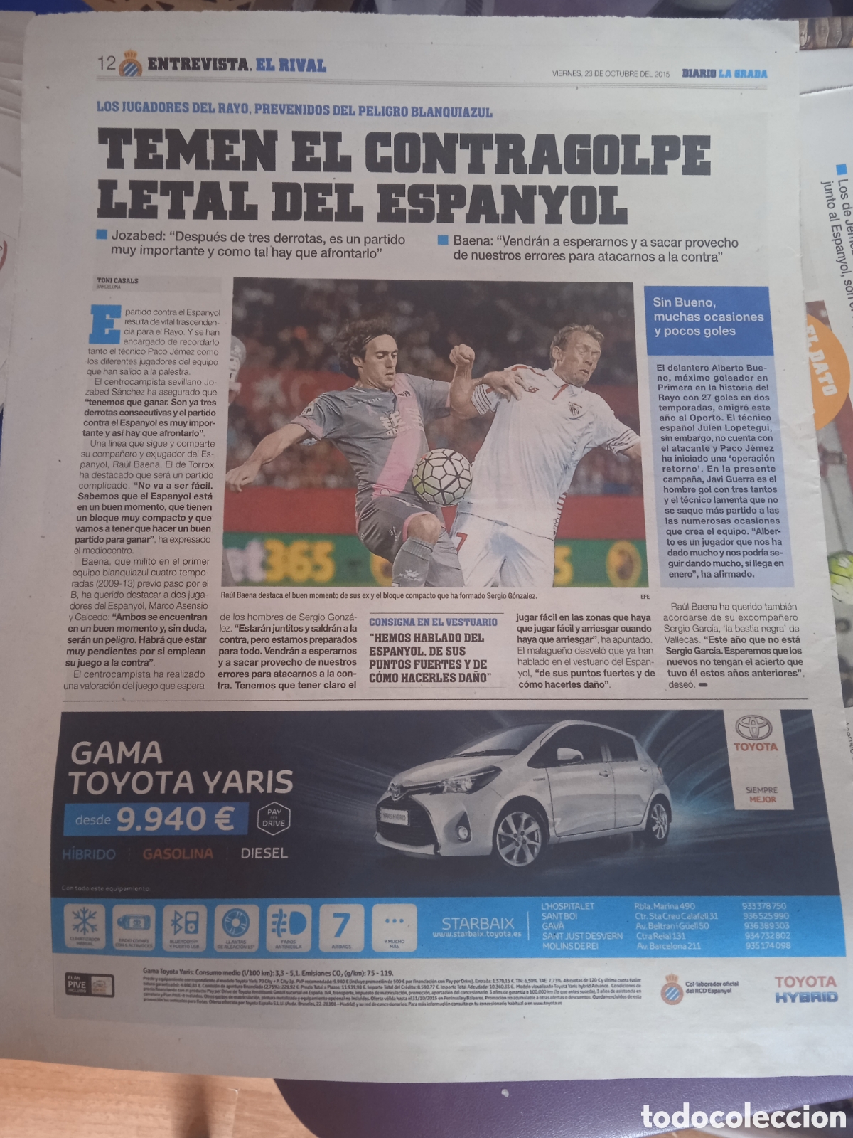 Sports collectibles: HOJA PERIODICO DIARIO LA GRADA BAENA RAYO VALLECANO KROHN DEHLI SEVILLA TOYOTA BOTEMANIA BOTEMAN