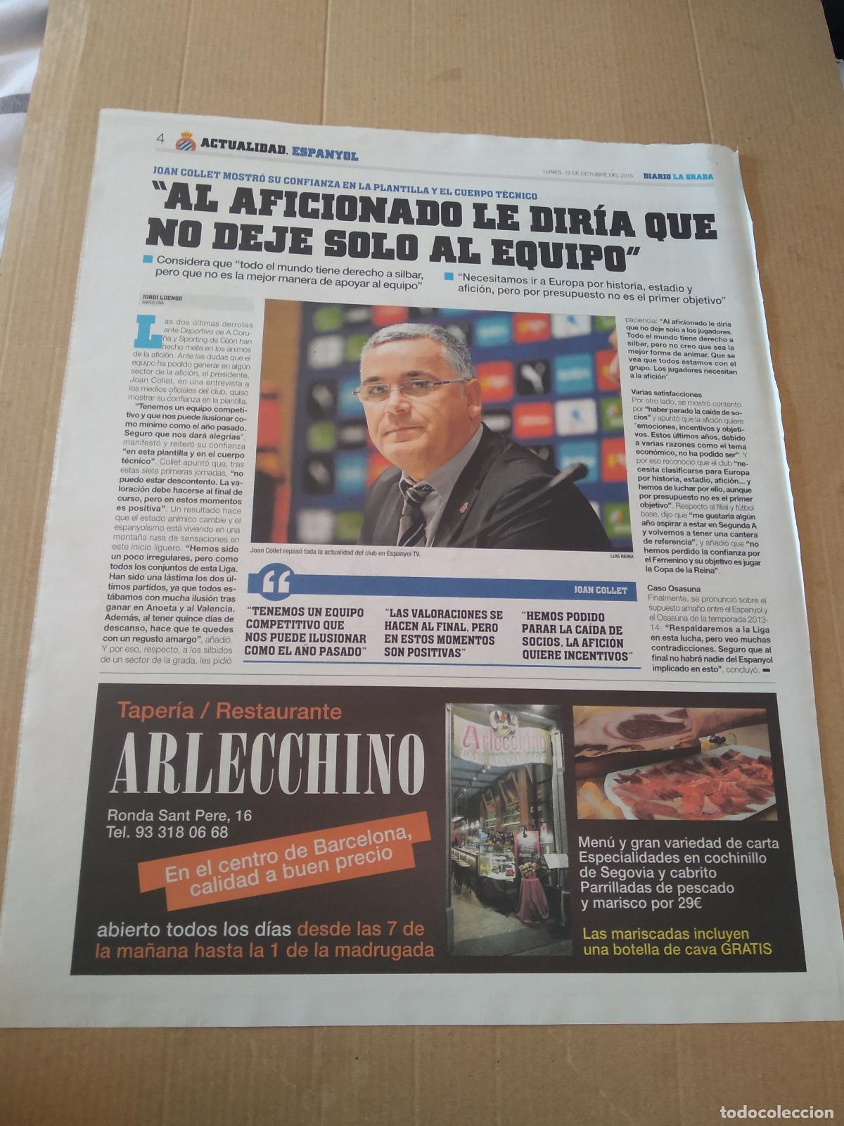 Coleccionismo deportivo: HOJA PERIODICO DIARIO LA GRADA JOAN COLLET RESTAURANTE ARLECCHINO SEAT PUBLICIDAD