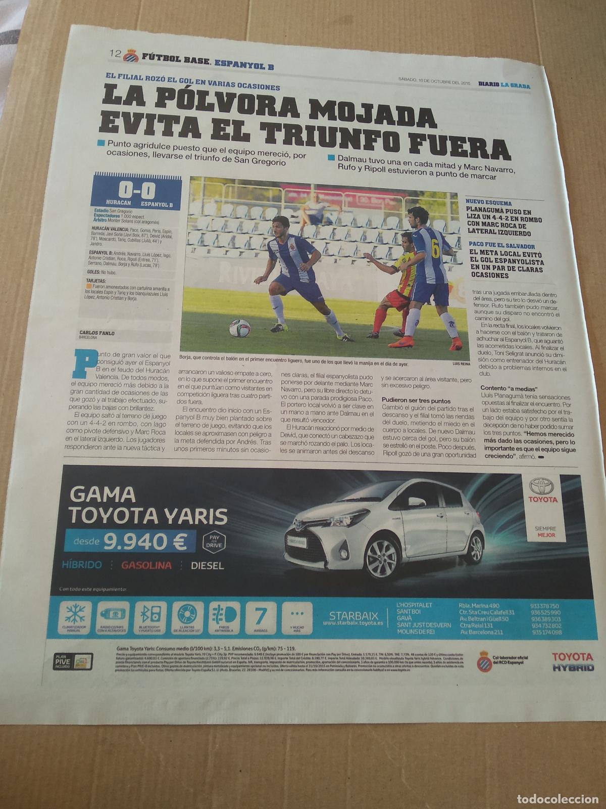 Coleccionismo deportivo: HOJA PERIODICO DIARIO LA GRADA BORJA ESPANYOL B TOYOTA PUBLICIDAD