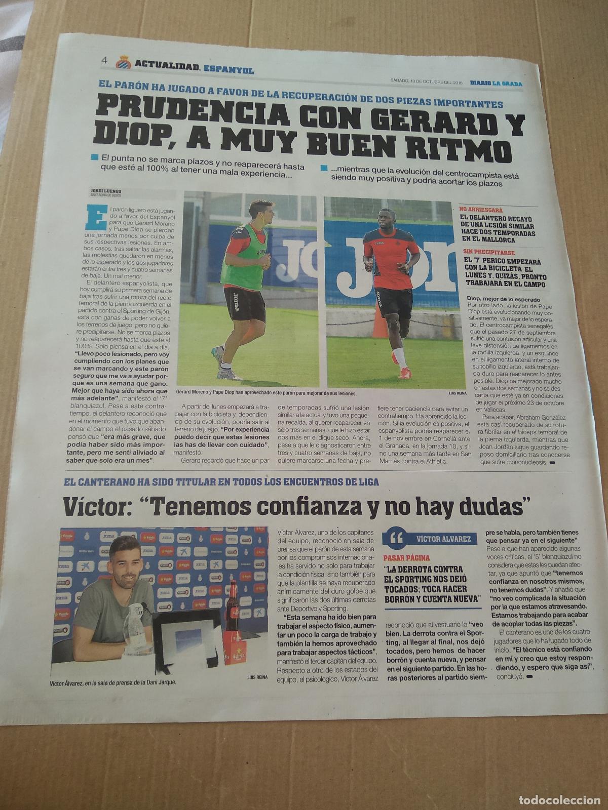 Coleccionismo deportivo: HOJA PERIODICO DIARIO LA GRADA GERARD MORENO PAPE DIOP VICTOR ALVAREZ ESPANYOL SEAT PUBLICIDAD