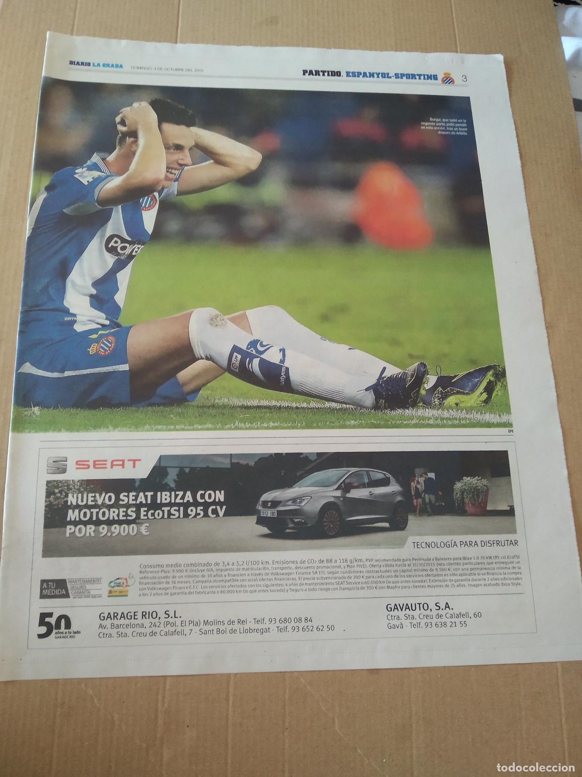 Coleccionismo deportivo: HOJA PERIODICO DIARIO LA GRADA BURGUI ESPANYOL SEAT PUBLICIDAD CANELLA SPORTING HERNAN PEREZ