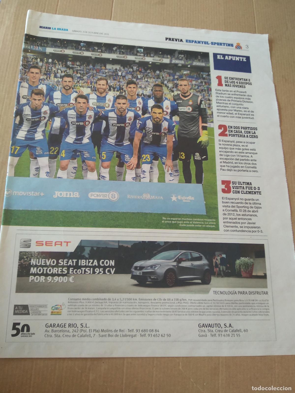 Coleccionismo deportivo: HOJA PERIODICO DIARIO LA GRADA EQUIPO PLANTILLA ESPANYOL VS SPORTING LUIS HERNANDEZ ASENSIO SEAT