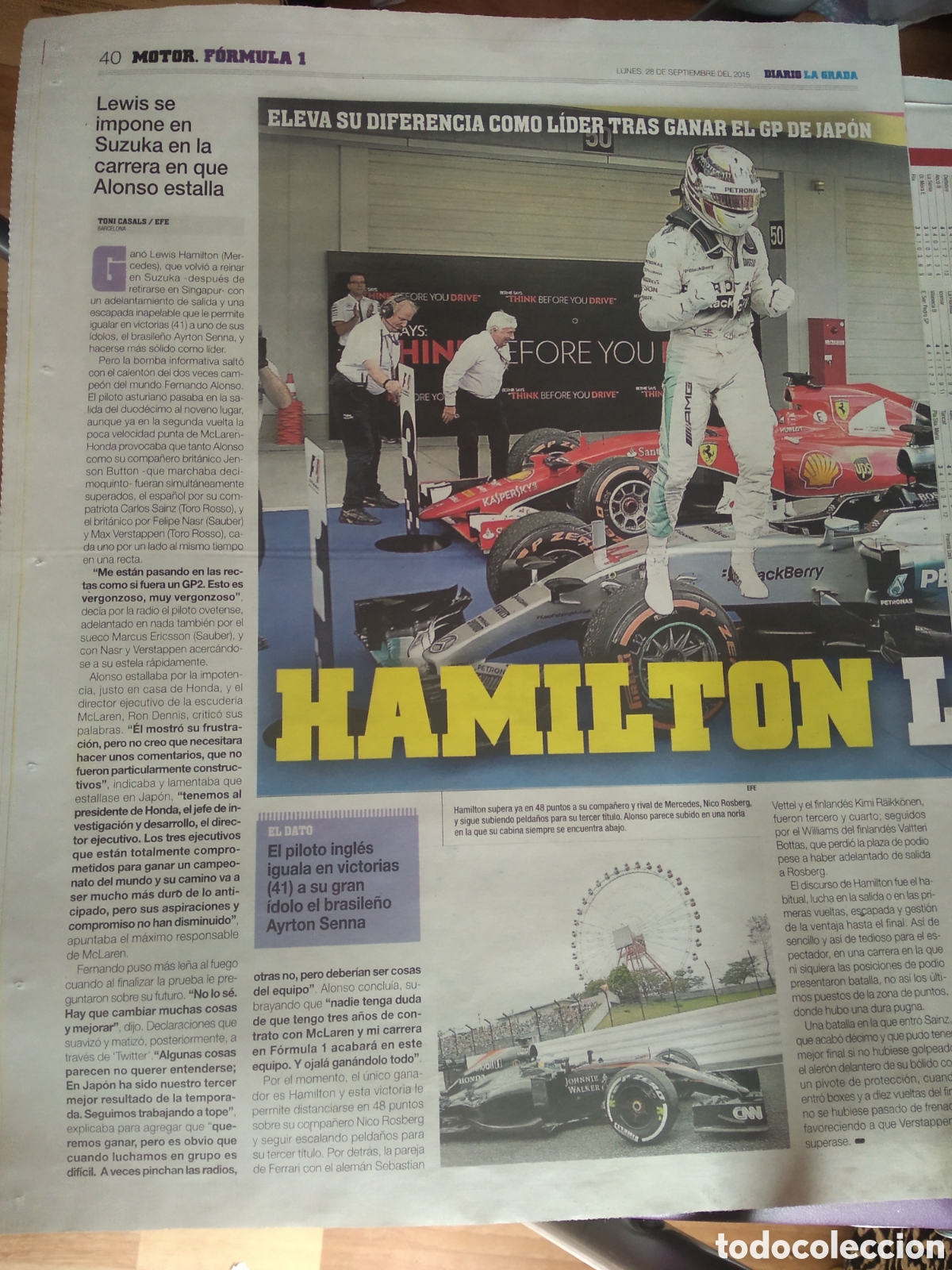 Coleccionismo deportivo: HOJA PERIODICO DIARIO LA GRADA HAMILTON FORMULA 1 F1 PUBLICIDAD COFIDIS