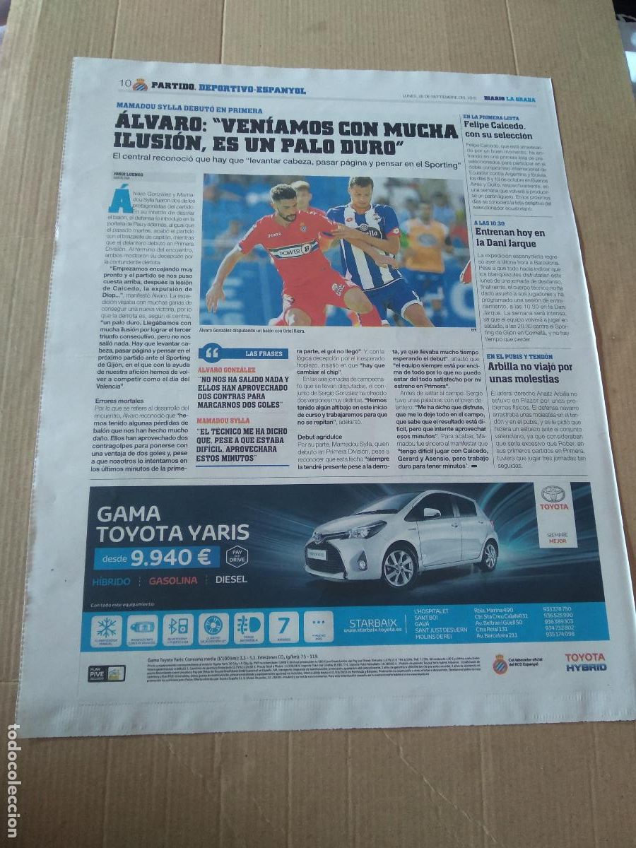 Coleccionismo deportivo: HOJA PERIODICO DIARIO LA GRADA ALVARO GONZALEZ ESPANYOL ORIOL RIERA DEPORTIVO CORU&Ntilde;A TOYOTA TAMUDO